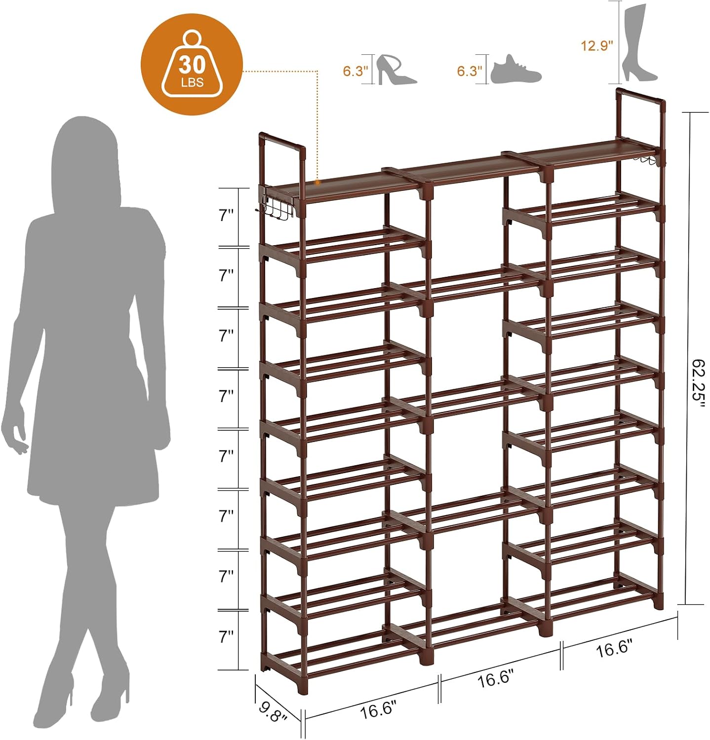 WOWLIVE 9 Tiers Large Shoe Rack Storage Organizer for Closet 50-55 Pairs Shoe Tower Unit Shelf Stackable Shoe Rack with Metal Pipes Plastic Connectors Black(SSS3B9)