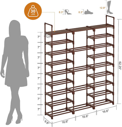WOWLIVE 9 Tiers Large Shoe Rack Storage Organizer for Closet 50-55 Pairs Shoe Tower Unit Shelf Stackable Shoe Rack with Metal Pipes Plastic Connectors Black(SSS3B9)
