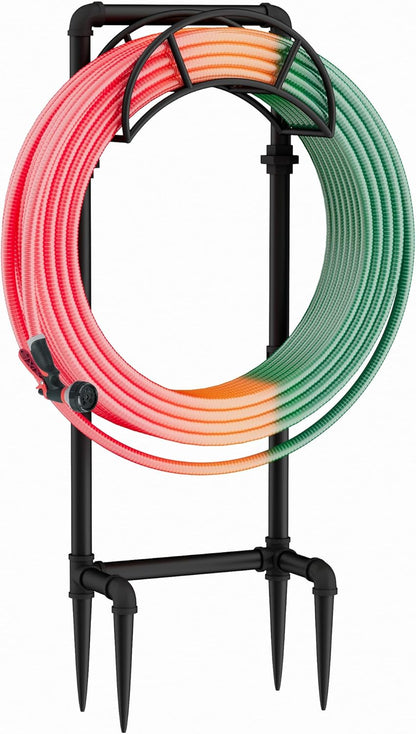 LAND·VOI Freestanding Garden Water Hose Storage Holder Stand for Outside, 160-Ft Hose Heavy Duty Metal Hanger Reel Organizer Outdoor Yard Lawn, Standing Keeper Rack with Ground Stake, Black GHH01B