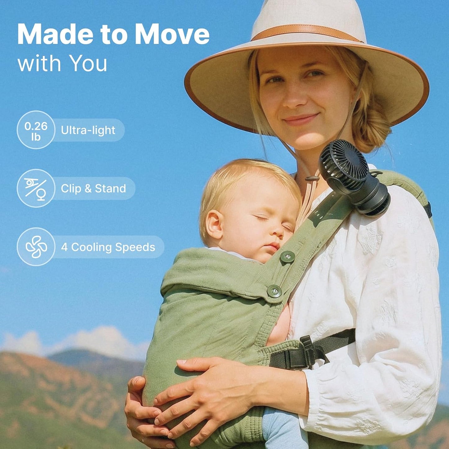 Momcozy Portable Stroller Fan with Clip | 4-Speed Mini-Fan for Carrier | Personal Fans Ultra Light 0.26lb | Gaps ≤4.5mm | Handheld Cooling | Rechargeable Rotate for Diaper Backpack/Table/Chair