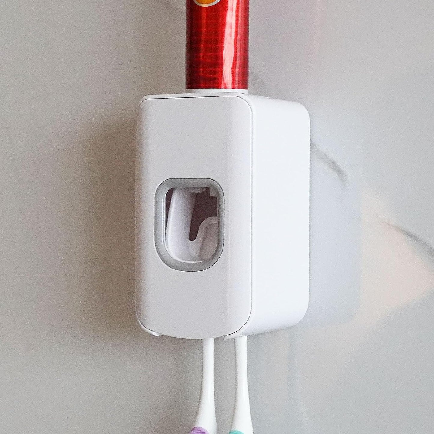 2 Slot Toothbrush Holder and Toothpaste Dispenser Wall Mounted, Automatic Toothpaste Squeezer, 2 in 1 Tooth Brush Toothpaste Organizer for Shower (Grey)