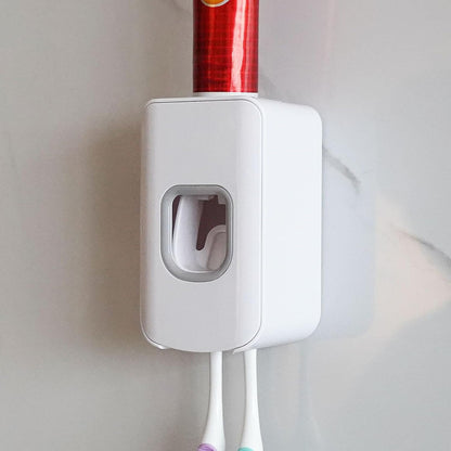 2 Slot Toothbrush Holder and Toothpaste Dispenser Wall Mounted, Automatic Toothpaste Squeezer, 2 in 1 Tooth Brush Toothpaste Organizer for Shower (Grey)