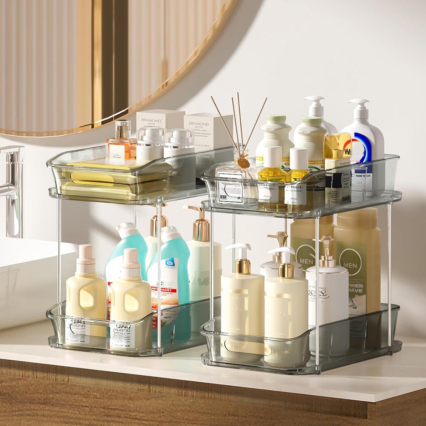 Delamu 2-Tier Under Sink Organizers and Storage, Multi-Purpose Stackable Bathroom Cabinet organizers, Pull Out Kitchen Pantry Organization and Storage with Dividers(2 Pack, Clear)