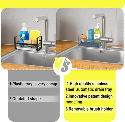 Maifan Stainless Steel Kitchen Sink Caddy Organizer with Auto Drain Tray, Sponge Holder for Countertop Storage