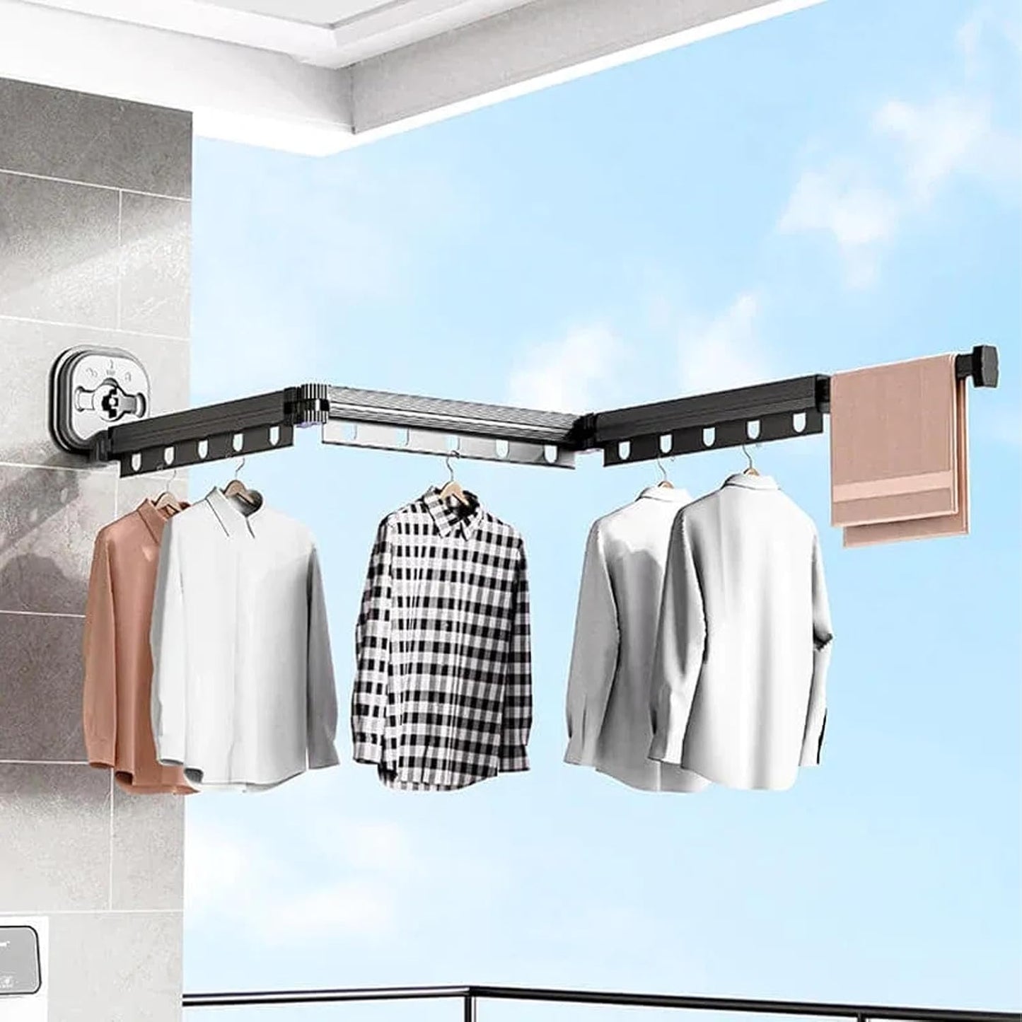 Yctze Wall Mounted Clothes Drying Rack, Retractable Laundry Drying Rack Space Saving Laundry Hanger Dryer Rack with Suction Cup for Bedroom Balcony Bathroom, Gray (Tri Fold