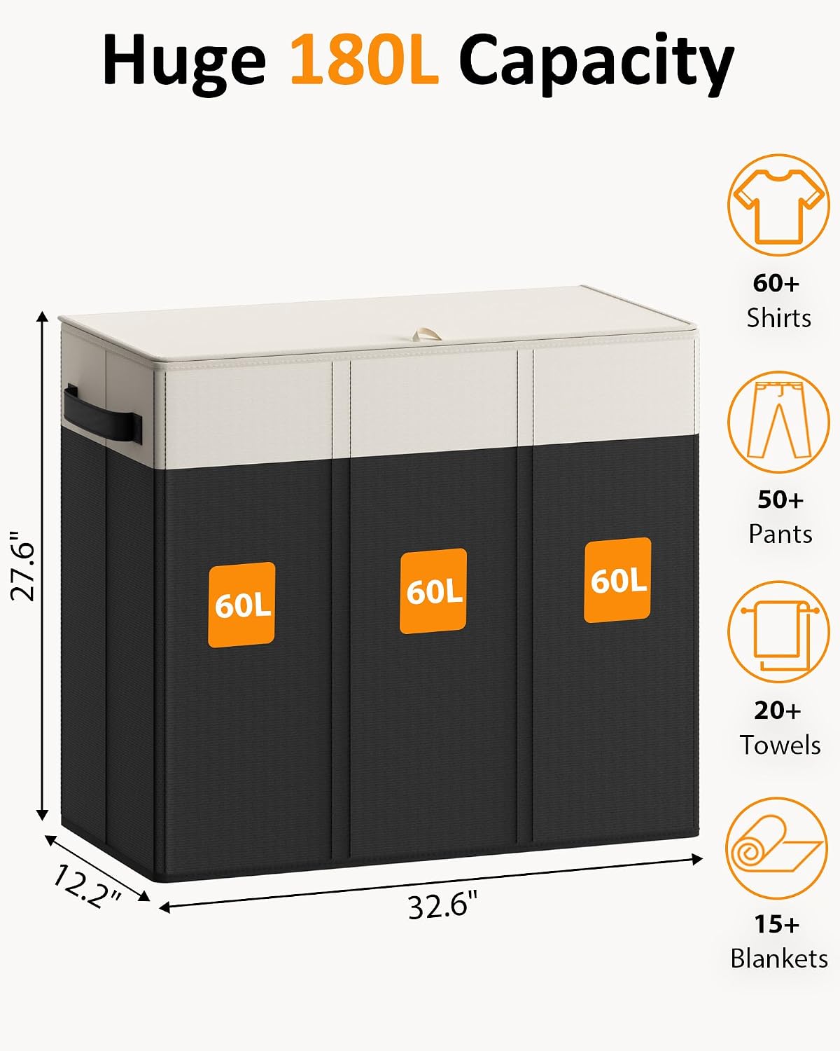Optish 180L Laundry Hamper 3 Section, Large Laundry Hamper with Lid, Dirty Clothes Hampers with 3 Inner Bags, Laundry Basket Organizer for Laundry, Bedroom, Bathroom, Hamper 3 Compartment, Black