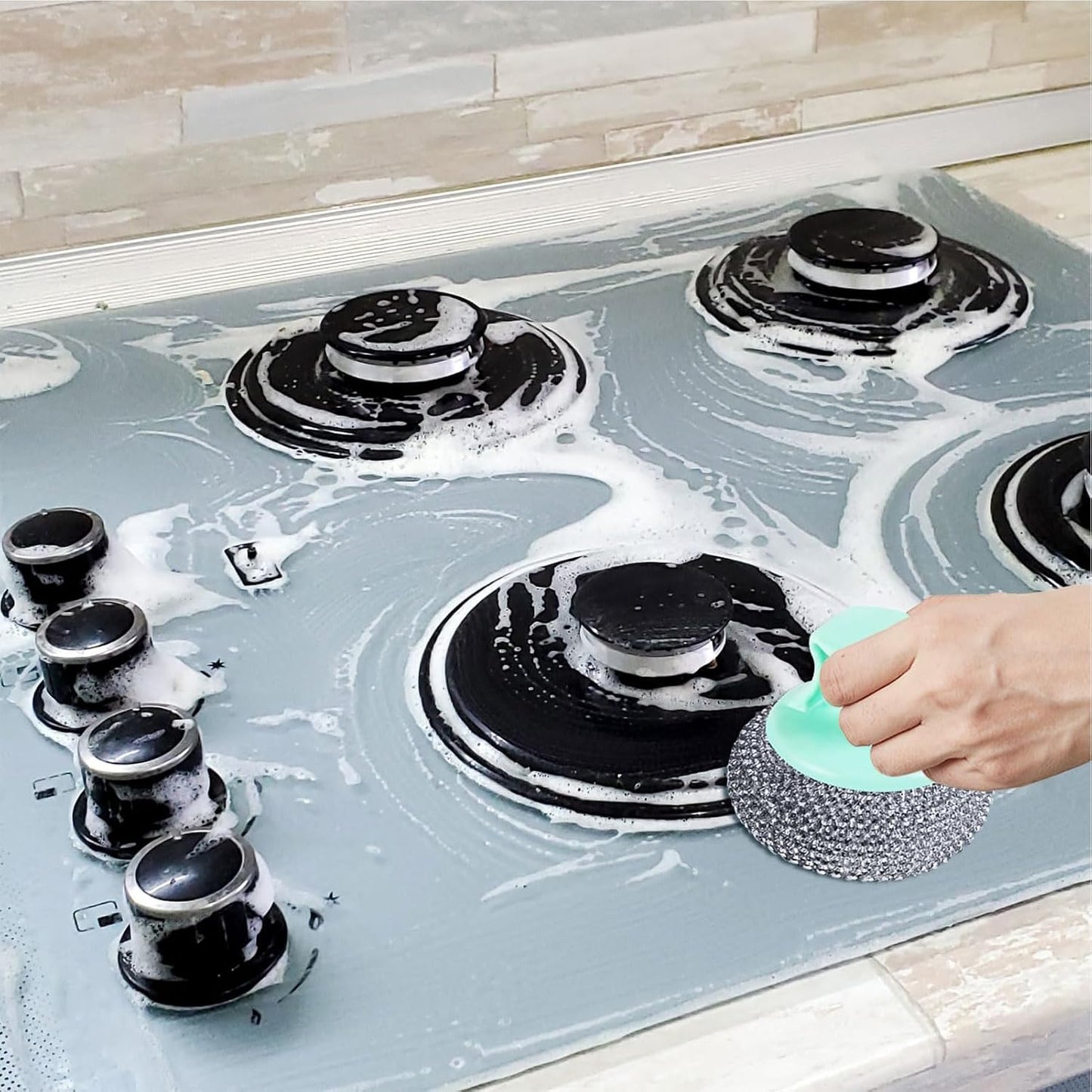 Dish Scrubber - Non Scratch Short Handle Brush for Cleaning | Durable Nylon Fiber with Soft Ball Pad, Stain Removing Scouring Tool, Easy Grip Handle for Pots, Pans, Grill, Sink, Kitchen Household Use