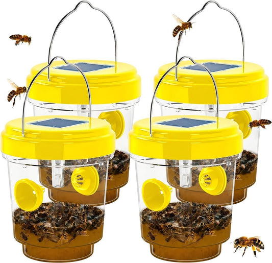 Wasp Traps Outdoor Hanging, Wasp Trap Solar Powered, Bee Traps for Outside, Yellow Jacket Trap Hornet Trap Bee Wasp Catcher for Garden Patio Yard Orchard, 4 Packs