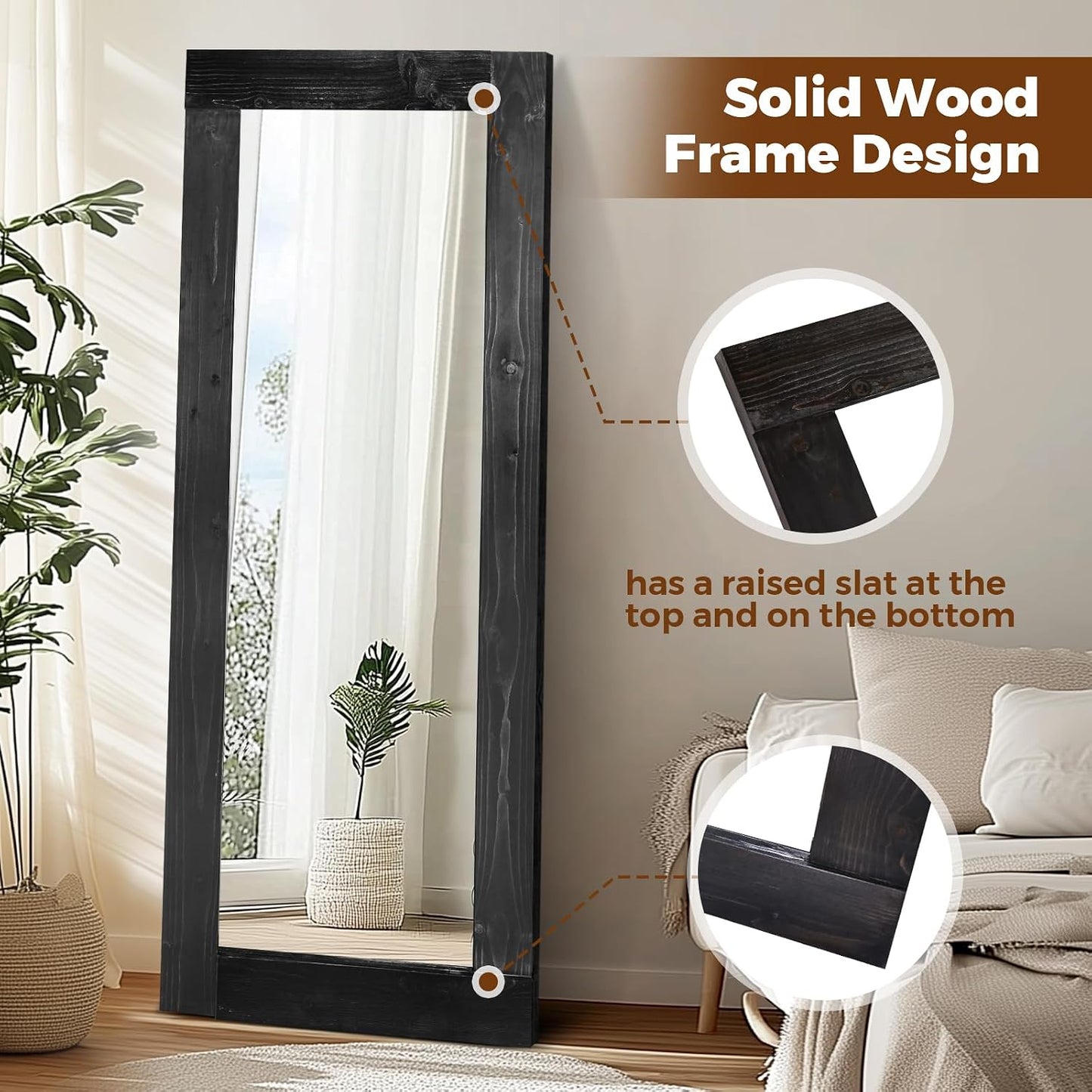 Solid Wood Full Length Mirror - 65"x22" Arched Floor Mirror, Free Standing & Wall Mounted - Elegant Design for Bedroom, Dressing Room, Hallway, Brown