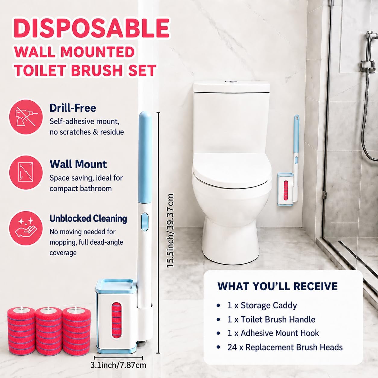 RV Toilet Brush, RV Accessories, Wall Mount Toilet Brush, 64 Toilet Refills | Hands Free Toilet Brush, One-Button Release, RV Toilet Brush and Holder Set, Compact Design, Camper Bathroom Accessories