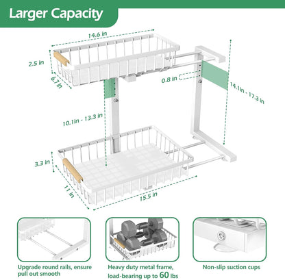 ADRIMER Under Sink Organizer 2 Packs, Pull Out Kitchen Sink Organizer, 2 Tier Slide Out Kitchen Organizers and Storage Bathroom Under Cabinet Storage Shelf, Transparent & White