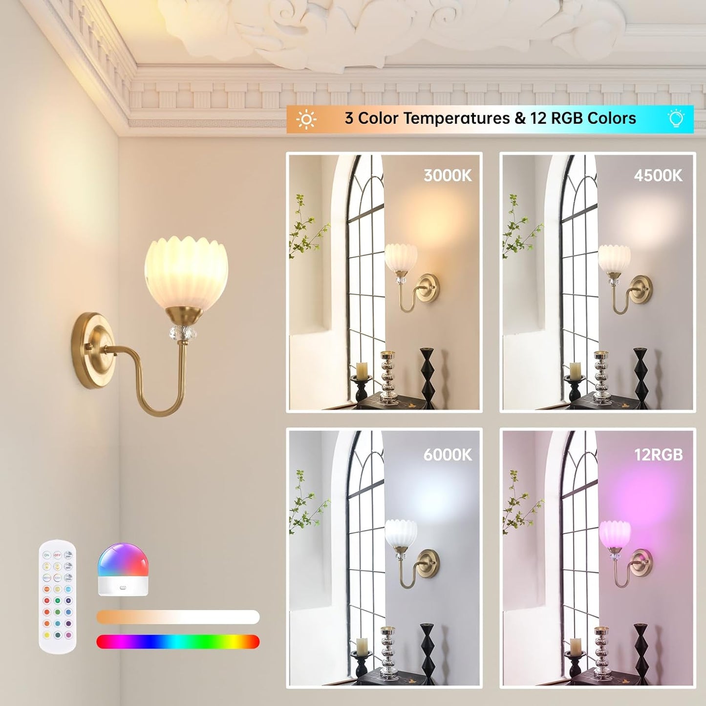 Set of 2 Vintage Battery Operated Wall Sconce, Rechargeable Wall Lamp with 5000mAh Battery & Remote Control, Dimmable Wall Lights with tulip shade for Bedroom Bathroom Living Room, (Tulip Amber Up)