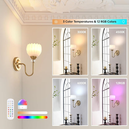 Set of 2 Vintage Battery Operated Wall Sconce, Rechargeable Wall Lamp with 5000mAh Battery & Remote Control, Dimmable Wall Lights with tulip shade for Bedroom Bathroom Living Room, (Tulip Amber Up)