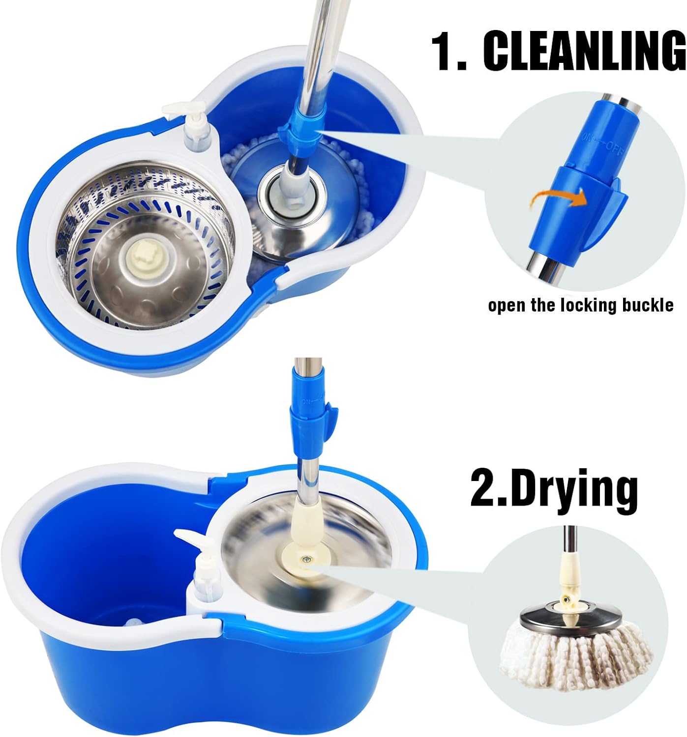 Spin Mop and Bucket with Wringer Set, 360° Rotating Head Mop Bucket System with 3 Microfiber Mop Refills Wet and Dry Suitable for Office and Home Use, Green (Black-Plus)