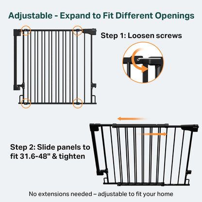 Cumbor 29.2–43" Baby Gate for Stairs, Hardware Mounted (Drill Required), Expandable No Bottom Bar Dog Gate, Auto Close Extra Wide Walk Thru, Pet & Toddler Proof Gate, Top & Bottom of Stairways (White)