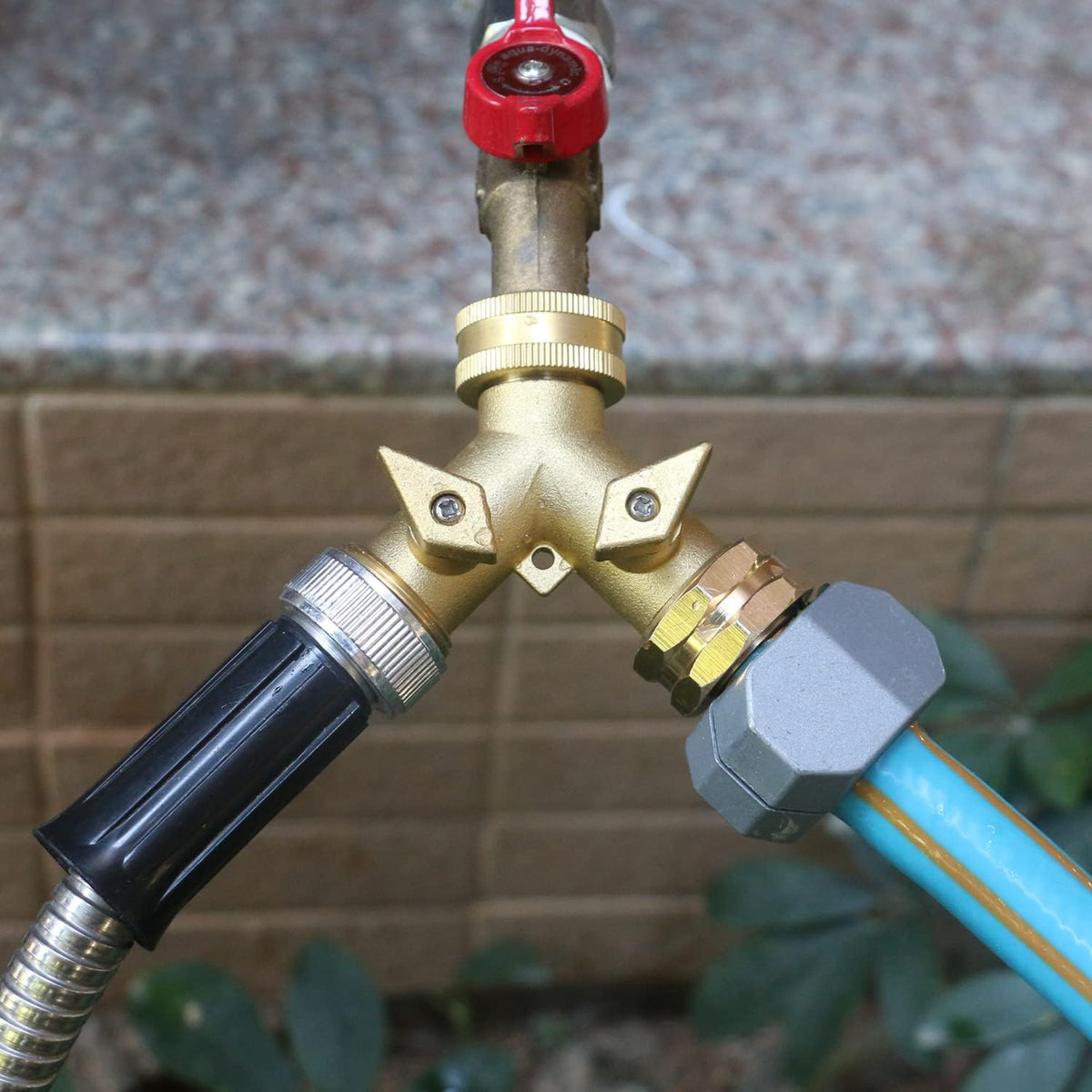 STYDDI Garden Hose Splitter 2 Way Heavy Duty, Solid Brass 2-Way Water Hose Splitter, Outdoor Faucet Spigot Splitter Two Way Connector, Y Valve Garden Tap Hose Adapter with 3 Hose Washers
