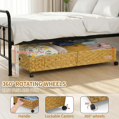 Under Bed Storage Containers with Wheels, 31.5” Large Handwoven Rattan Rolling UnderBed Storage Bins, Tool-free Assembly Natural Under The Bed Organizer Drawers for Bedroom, Sheets Clothes Blankets