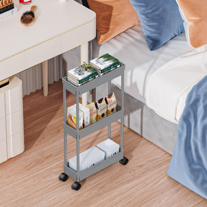 Sooyee 3 Tier Rolling Cart with Wheels, Slim Storage Cart, Under Desk Narrow Rolling Utility Cart Storage Organizer for Office Bathroom Kitchen Laundry Room Narrow Places, White, Plastic and Metal