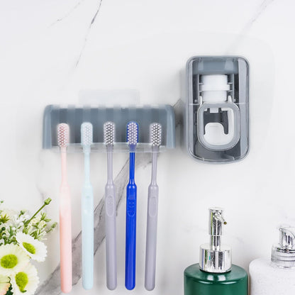 5 Slots Wall Mount Toothbrush Holder with Cover, Self Adhesive Toothbrush Storage Organizer for Shower, Toothbrush Hanger with Automatic Toothpaste Squeezer Dispenser