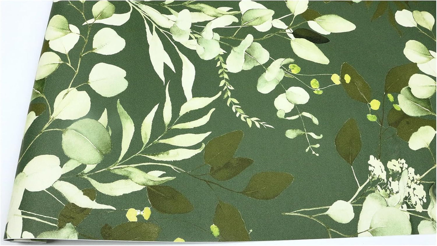 HAOKHOME Peel and Stick Wallpaper Boho Green/White Botanical Leaf Floral Wall Mural Home Nursery Decor Renter Friendly Wallpaper 17.3in x 9.8ft