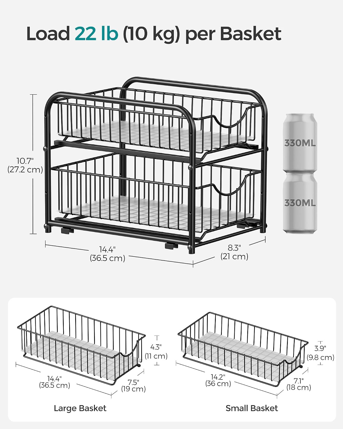 SONGMICS 2-Tier Pull Out Cabinet Organizers, Under Sink Organizer, Bathroom Organizer and Storage, Sliding Basket Drawers, Stackable for Kitchen, Bathroom, Metallic Silver UKCS017E01
