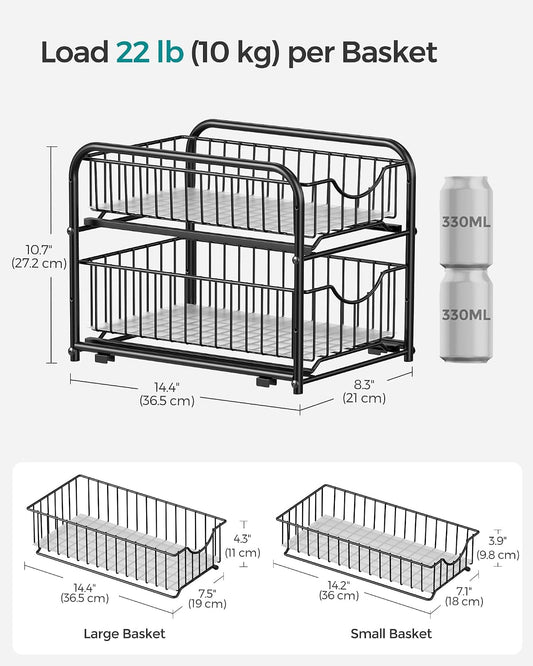 SONGMICS 2-Tier Pull Out Cabinet Organizers, Under Sink Organizer, Bathroom Organizer and Storage, Sliding Basket Drawers, Stackable for Kitchen, Bathroom, Metallic Silver UKCS017E01