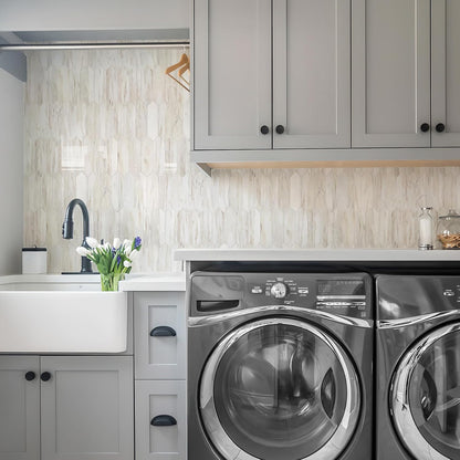 Vamos Tile Glossy Dolomite White Backsplash Tile Peel and Stick, 12.8 x 12.8 Inch 10 Sheets Long Hexagon PVC Self Adhesive Mosaic Wall Tiles Stick on Backsplash for Kitchen and Bathroom