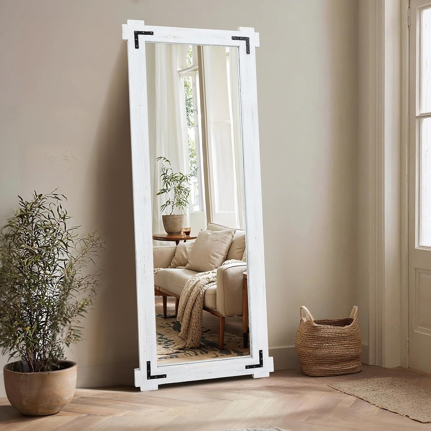 65x24 Inch Full Length Mirror, Pine Frame Full Body Standing Mirror with Metal Decorative, Black