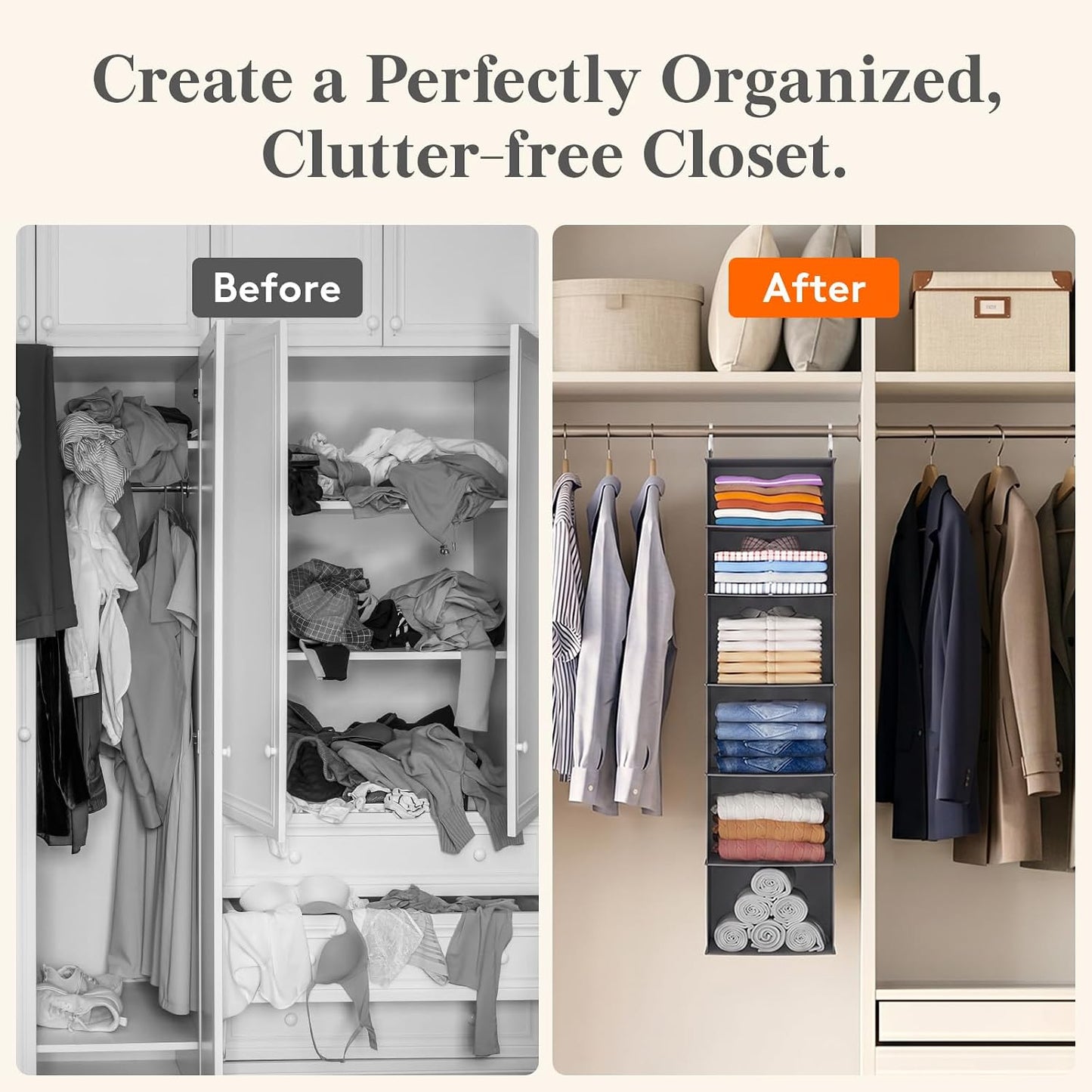 Lifewit 5 Tier Hanging Closet Organizer and Storage for Shelves, Foldable Clothes Shelf with 2 Sturdy Hooks, Sweater/Coat/Shoes Clothing Organization for Wardrobe, Dorm, Bedroom, Gray