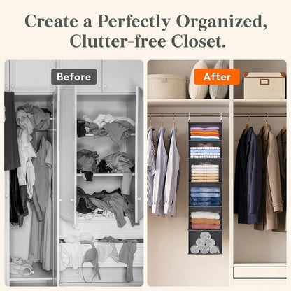 Lifewit 5 Tier Hanging Closet Organizer and Storage for Shelves, Foldable Clothes Shelf with 2 Sturdy Hooks, Sweater/Coat/Shoes Clothing Organization for Wardrobe, Dorm, Bedroom, Gray