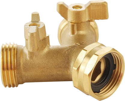 Garden Hose Splitter 2 Way Heavy Duty, Outdoor Faucet Splitter 2 Way, Solid Brass Spigot Splitter Hose Y Splitter with Shutoff Valve