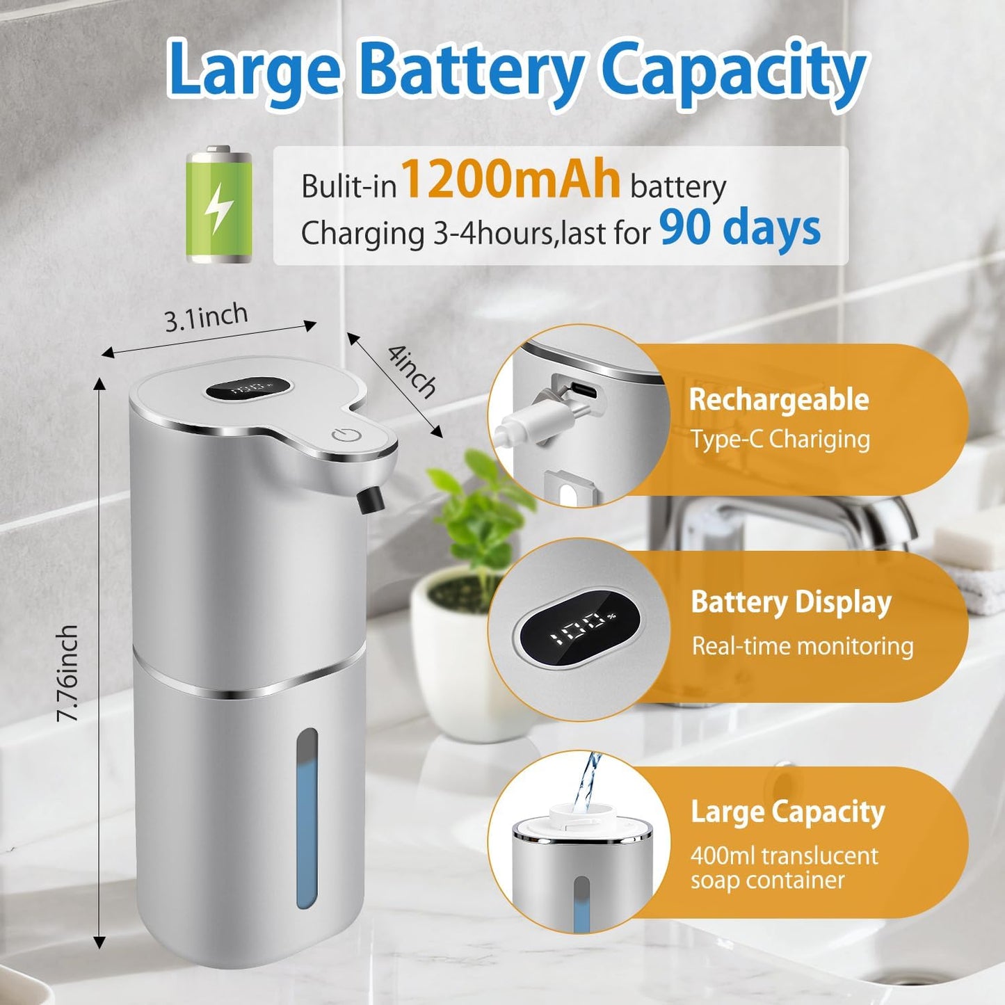 Automatic Foaming Soap Dispenser with Digital Display, 6-Level Foam Adjustable, Rechargeable, 12.8oz/ 380ml Wall Mounted Touchless Hands Free Auto Dispenser for Kitchen, Bathroom, Hotel, Restaurant