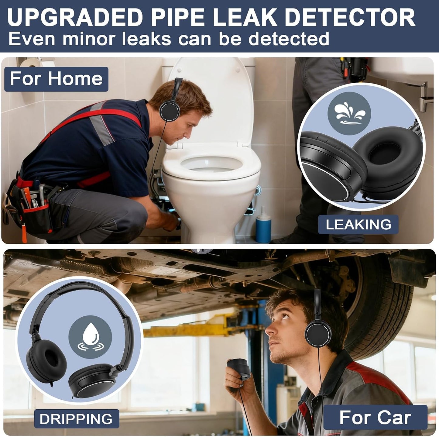Water Leak Detector,Underground Water Leak Detector With Headphones,Water Leak Detector Tool with 5 Detection Lights,High Sensitive Sound Intensifier Water Leak Detection Device (With Large Earphones)