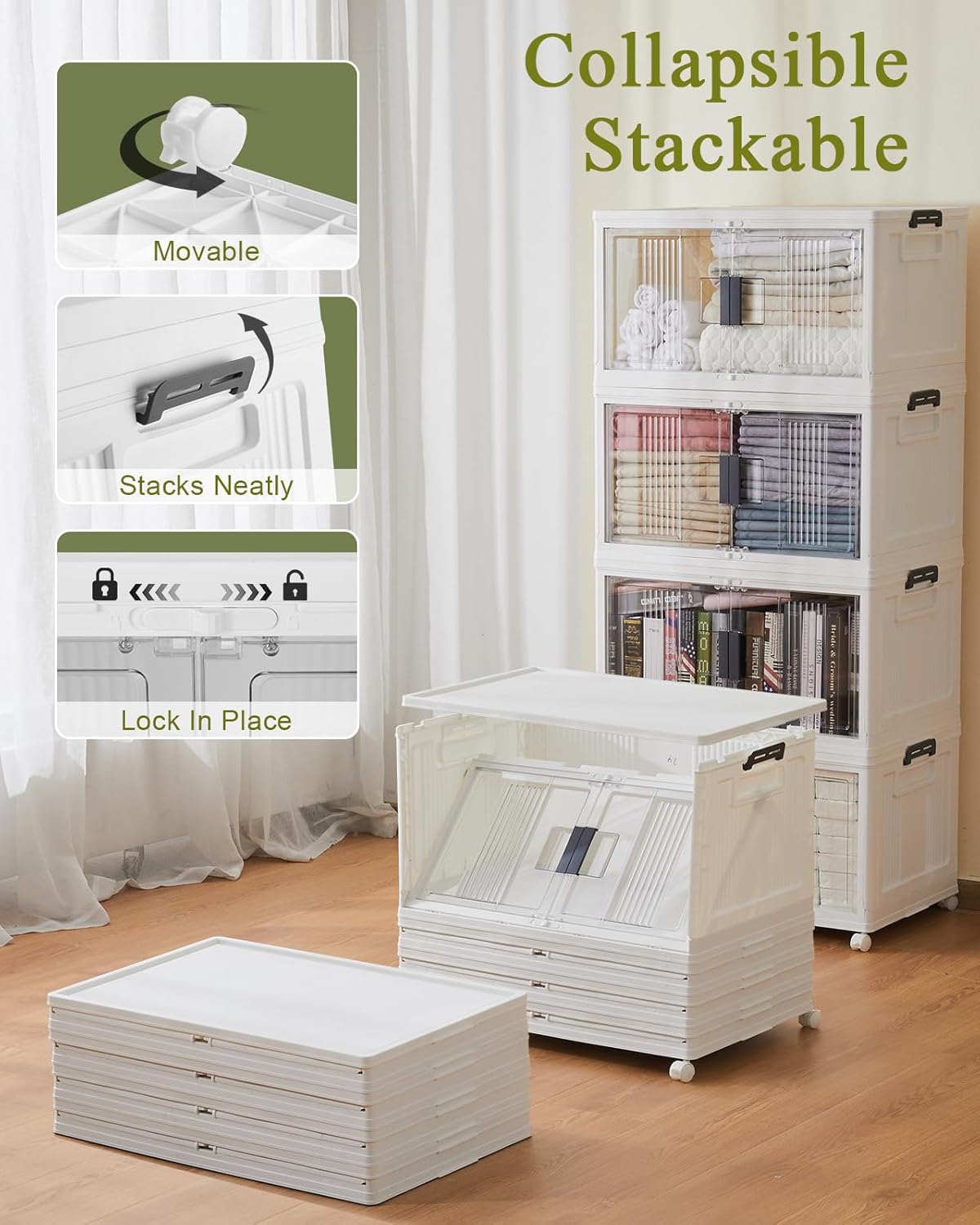 OlarHike 144QT Lockable Storage Bins with Lids - Folding Cabinet with Doors & Wheels, Collapsible Plastic Drawers for Dorm, Closets, Office, Game Day, College, Stackable Organizer, Gifts, 3 Pack