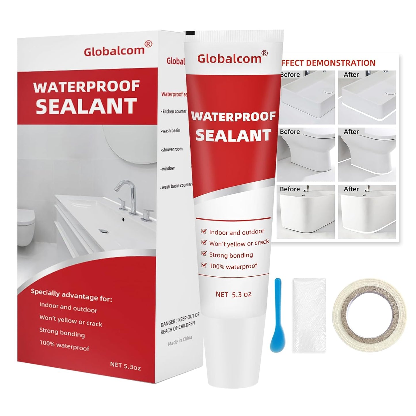 Globalcom Advanced Silicone Caulk for Kitchen & Bathroom Waterproof Silicone Sealant for Interior and Exterior Use, Stronger Adhesion Shrink & Crack Proof - 5.3 oz White