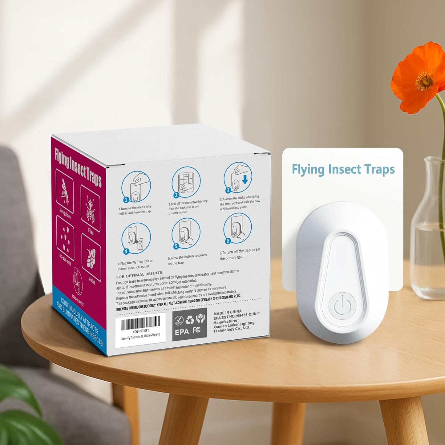 Indoor Fly Trap Plug-in Device, Fruit Fly and Gnat Trap with 2 Traps and 6 Sticky Refills, Flying Insect Catcher for Mosquitoes, Moths, and Household Flying Bugs (2, White)