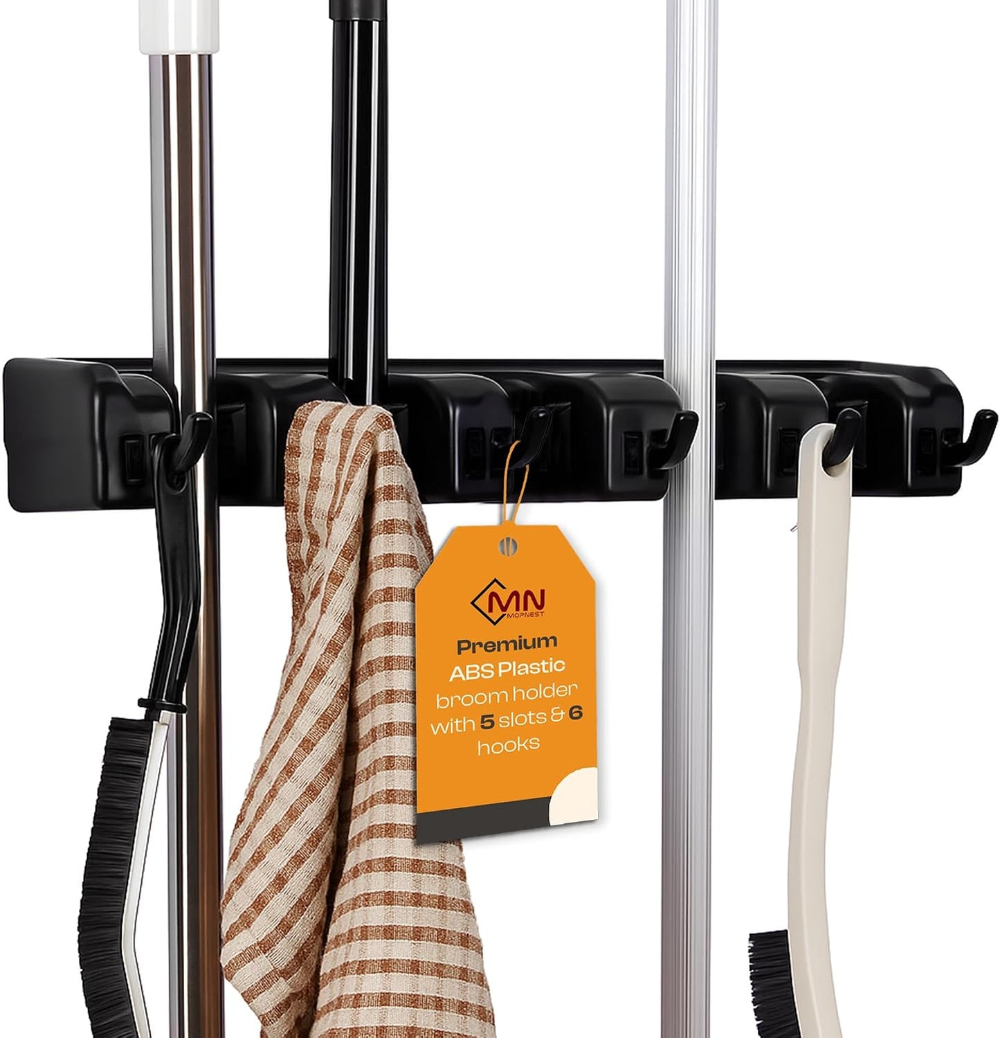 Heavy-Duty Stainless-Steel Broom Holder Wall Mount with 3 Racks and 4 Hooks | Waterproof Mop and Broom Hanger | Adjustable, Garage & Garden Tool Organizer | Black