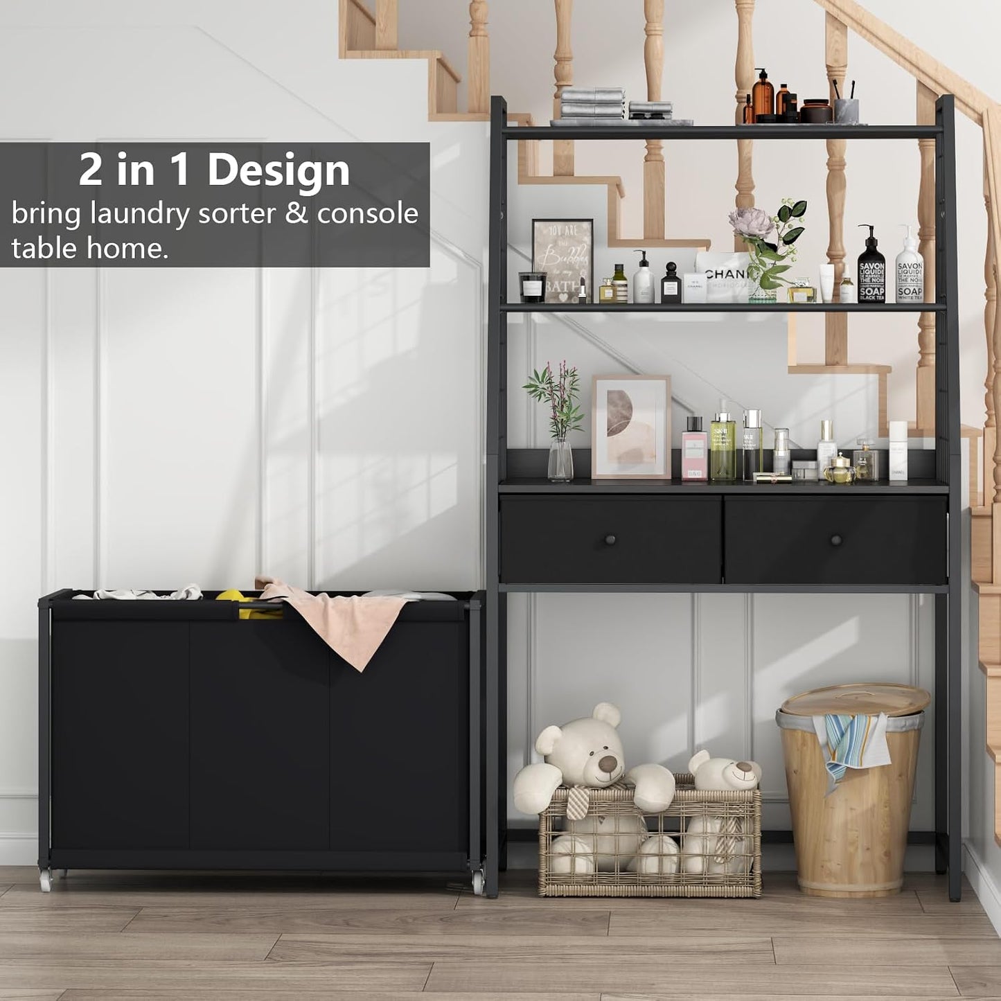 STIKELY Laundry Hamper Laundry Basket with 3 Section Pull-Out Rolling Bags, Laundry Sorter for Organization and Storage with 2 Pull-Out Drawers for Laundry Room, Bathroom, Bedroom Use (Rustic Brown)