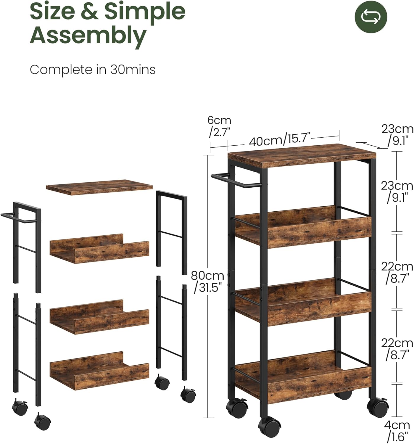 CHOEZON 4-Tier Slim Storage Cart, 5.1'' Kitchen Serving Trolley, Slim Rolling Cart with Handle and Guard Rails, Slim Cabinet for Small Spaces, for Dining Room, Rustic Brown and Black TTC01BF