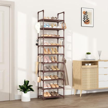 VTRIN 10 Tiers Tall Shoe Rack Holds 20-25 Pairs of Shoes Sturdy Vertical Shoe Organizer with 18pcs Hooks Stackable Narrow Shoe Rack for Closet, Entryway Black