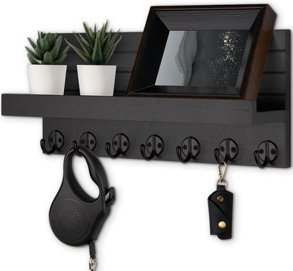 Lwenki Key Holder Wall Mount, Entryway Key and Mail Holder with 7 Sturdy Hooks for Sunglasses, Dog Leash, Decorative Wall Shelf with Mounting Hardware, 15”W x 6.7”H x 4.2”D