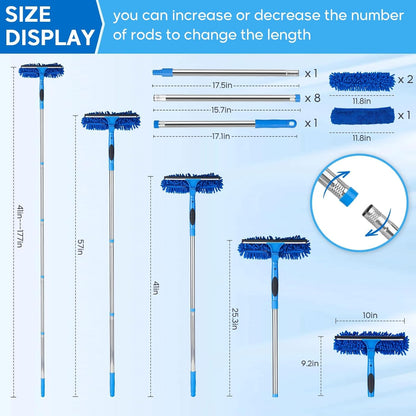Window Squeegee, 2-in-1 Window Cleaner with Removable Extension Poles 177'' Window Washing Kit Glass Door Cleaner Multi-Use Car Windshield Cleaning Tool with 1 Blade 3 Scrubber for High Outdoor Window
