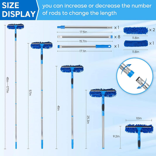 Window Squeegee, 2-in-1 Window Cleaner with Removable Extension Poles 177'' Window Washing Kit Glass Door Cleaner Multi-Use Car Windshield Cleaning Tool with 1 Blade 3 Scrubber for High Outdoor Window