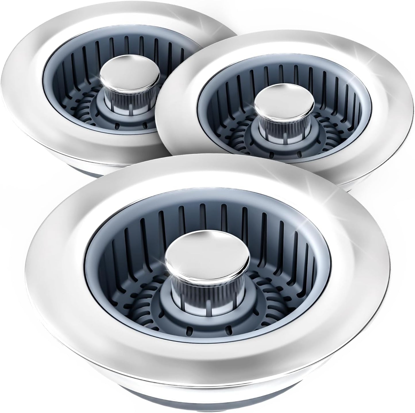 Sink Drain Strainer - Sink Stopper Kitchen Drain, 3 in 1 Kitchen Sink Drain Strainer with Anti-Clogging Basket, Kitchen Gadgets Clearance Sink Accessories, Fit US Standard 3-1/2'' Sink Hole, Silver