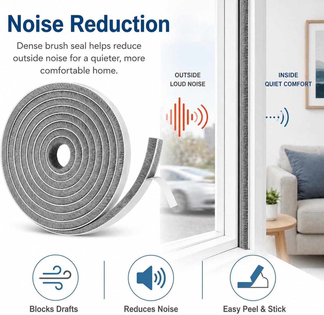 Self-Adhesive Door Draft Stopper & Weather Stripping Door Seal – Gray, 33 Ft x 0.35" Wide x 0.35" Thick Foam Seal Strip – Draft Blocker, Noise Reduction, Insulation