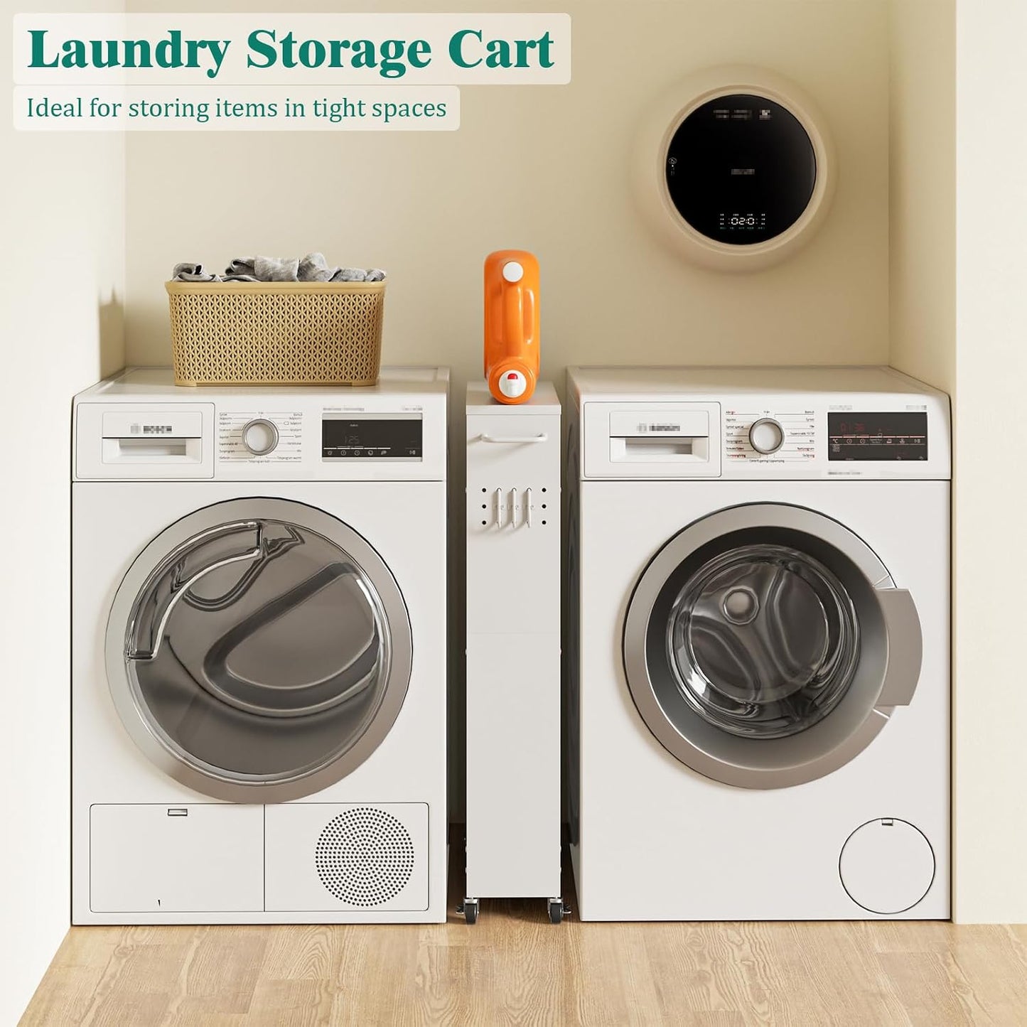 XYZLVSI Slim Storage Cart, Narrow Kitchen Rolling Cart for Small Spaces | 5.9" W skinny storage cart, 12.4" bottom metal utility cart with 360° swivel wheels for bathroom/laundry, slim shelf, white