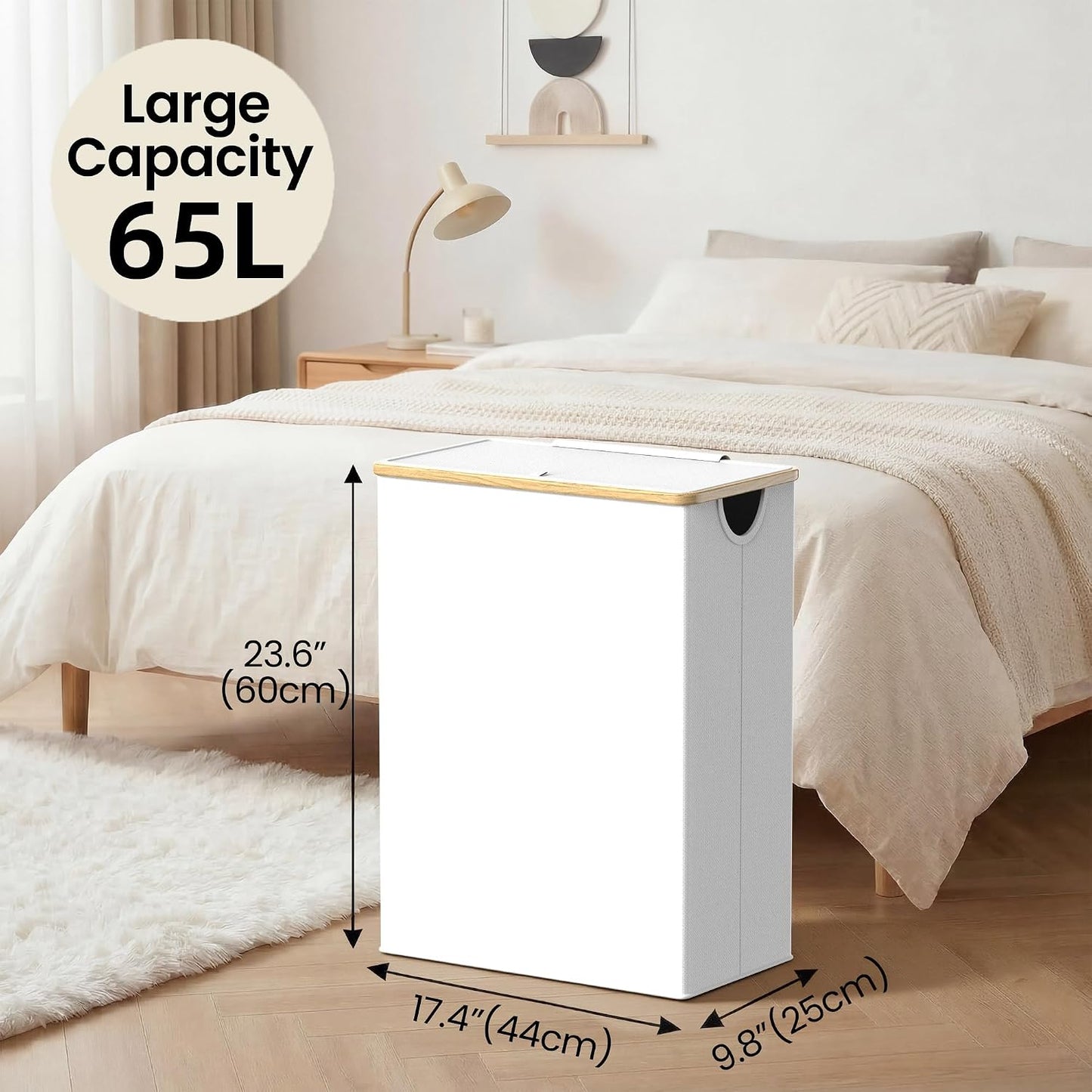 efluky Slim Laundry Basket with Lid, Narrow Laundry Hamper with Removable Bag, Skinny Dirty Clothes Basket with Bamboo Handles for Bathroom, Bedroom & Laundry Room, 75L Beige