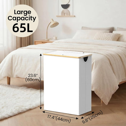 efluky Slim Laundry Basket with Lid, Narrow Laundry Hamper with Removable Bag, Skinny Dirty Clothes Basket with Bamboo Handles for Bathroom, Bedroom & Laundry Room, 75L Beige