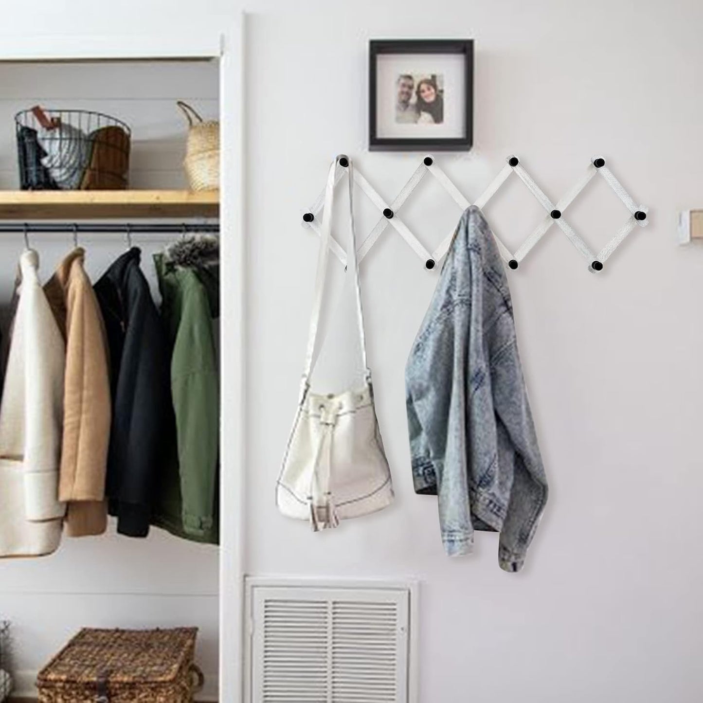 WGFKVAS 2 Pack Accordion Hat Rack for Wall - Expandable Coat Rack & Wall Mounted Hat Holder - Wooden Wall Hanger with 10 Peg Hooks for Coats, Baseball Caps, Keys & Mugs