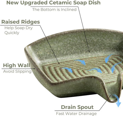 Self Draining Soap Dish, Ceramic Drain Soap Holder Waterfall Design Soap Saver for Shower, Bathroom, Sink, Kitchen and Countertop, Keeps Dry, Green